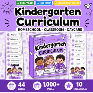 May include: A digital kindergarten curriculum set featuring a central binder with a purple cover, three children, and the text Kindergarten Curriculum. Includes monthly lesson plan sheets, ABC cards, and seasonal activities for 44 weeks and 1,000+ pages.