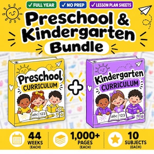 May include: A Preschool and Kindergarten curriculum bundle featuring two binders with cartoon illustrations of children learning. The yellow binder is labeled Preschool Curriculum and the purple binder is labeled Kindergarten Curriculum, with text indicating 44 weeks, 1,000+ pages, and 10 subjects.