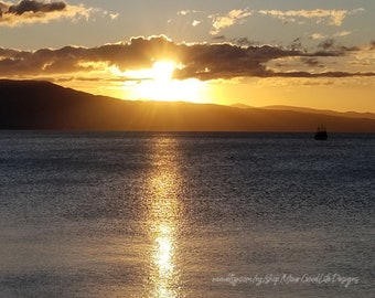 Sunset with fishing boat digital art.