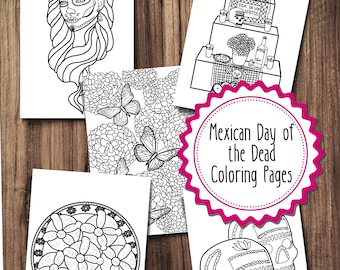5 Day of the Dead Coloring Pages, Mexican Day of the Dead Coloring Pages, Adult Mexico Coloring Book, Sugar Skulls Printable Coloring Book