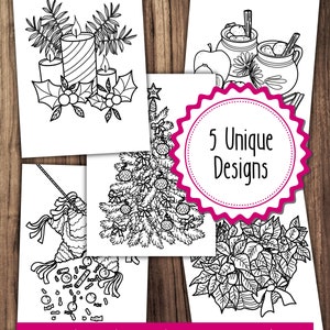 May include: Five black and white printable coloring pages featuring Christmas and holiday themes. The designs include a Christmas tree, candles, a poinsettia, a pi&ntilde;ata, and a mug of hot cider.