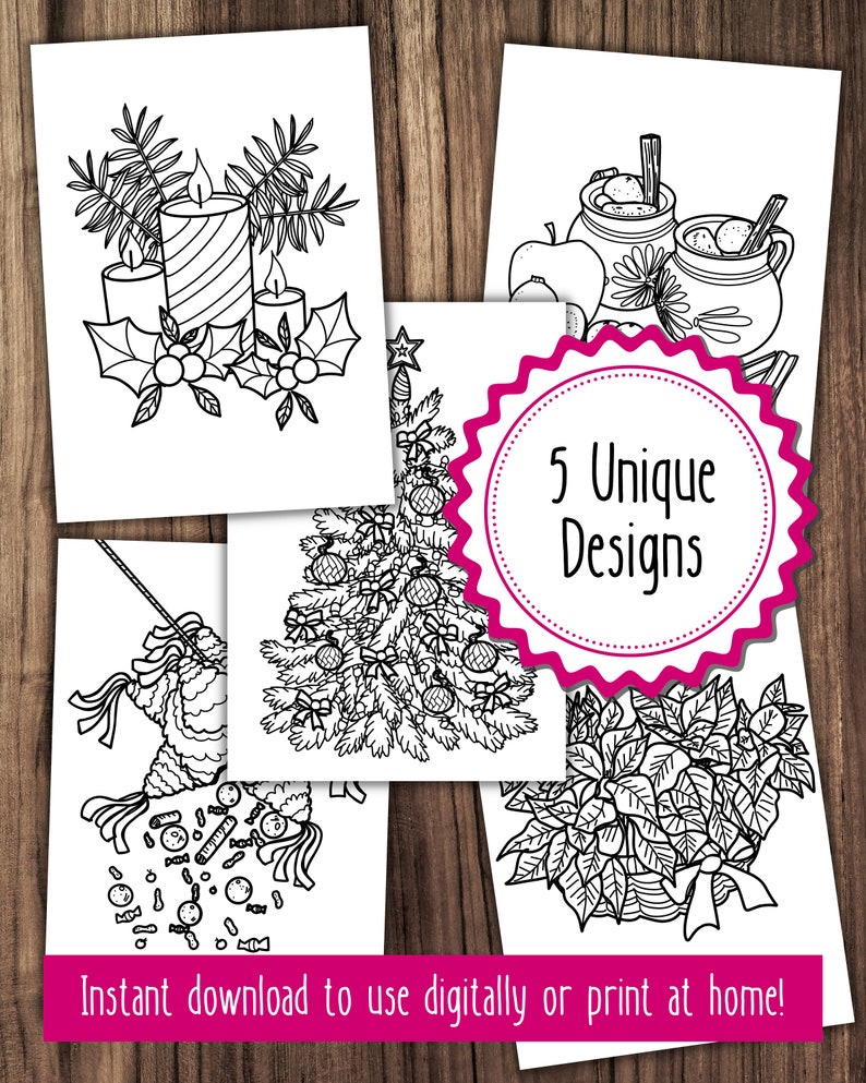 May include: Five black and white printable coloring pages featuring Christmas and holiday themes. The designs include a Christmas tree, candles, a poinsettia, a pi&ntilde;ata, and a mug of hot cider.