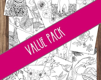 Mexican Nature Coloring Pages, 16 Flowers Animals Bundle, Dahlia Axolotl Jaguar, Adult Kids Value Pack