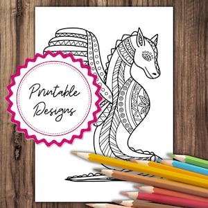 May include: A black and white line art coloring page featuring a detailed dragon with intricate patterns. The dragon is curled up with its wings spread out. The image is labeled "Printable Designs".