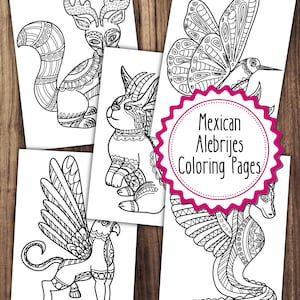 5 Alebrije Coloring Pages, Mexican Alebrijes Coloring Pages Bundle, Adult Coloring Book, Kids Coloring Book, Mexico Coloring Pages