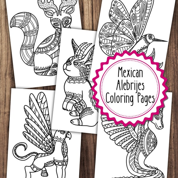 5 Alebrije Coloring Pages, Mexican Alebrijes Coloring Pages Bundle, Adult Coloring Book, Kids Coloring Book, Mexico Coloring Pages