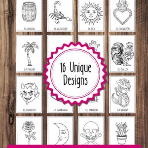 May include: A collection of sixteen unique black and white designs, including a barrel, scorpion, sun, heart, palm tree, devil, bell, drum, mermaid, rose, moon, skull, and aloe vera plant. The text reads "16 Unique Designs" and "Instant download to use digitally or print at home!"