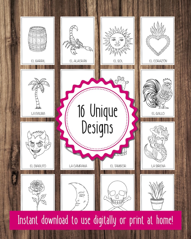 May include: A collection of sixteen unique black and white designs, including a barrel, scorpion, sun, heart, palm tree, devil, bell, drum, mermaid, rose, moon, skull, and aloe vera plant. The text reads "16 Unique Designs" and "Instant download to use digitally or print at home!"