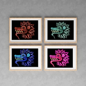 Quetzalcoatl Mexican Art (Four prints), Printable Wall Art, Aztec Wall Art, Prehispanic Mexican Decor, Mexican Artwork, Quetzalcoatl Art