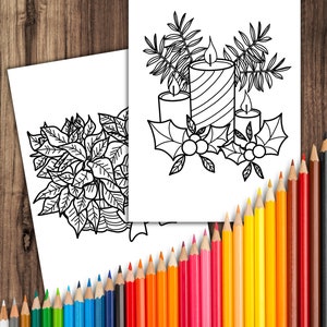 May include: A black and white coloring page featuring a Christmas scene with three candles, holly, and leaves. The candles are striped, plain, and with a flame. There are colored pencils in the background.