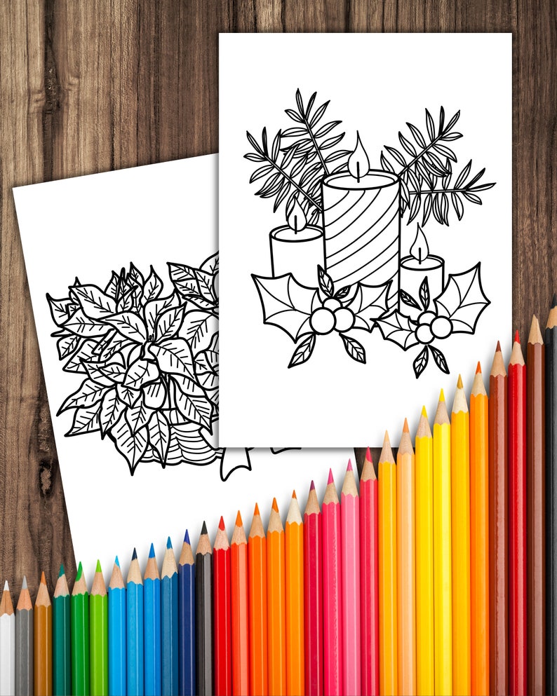 May include: A black and white coloring page featuring a Christmas scene with three candles, holly, and leaves. The candles are striped, plain, and with a flame. There are colored pencils in the background.