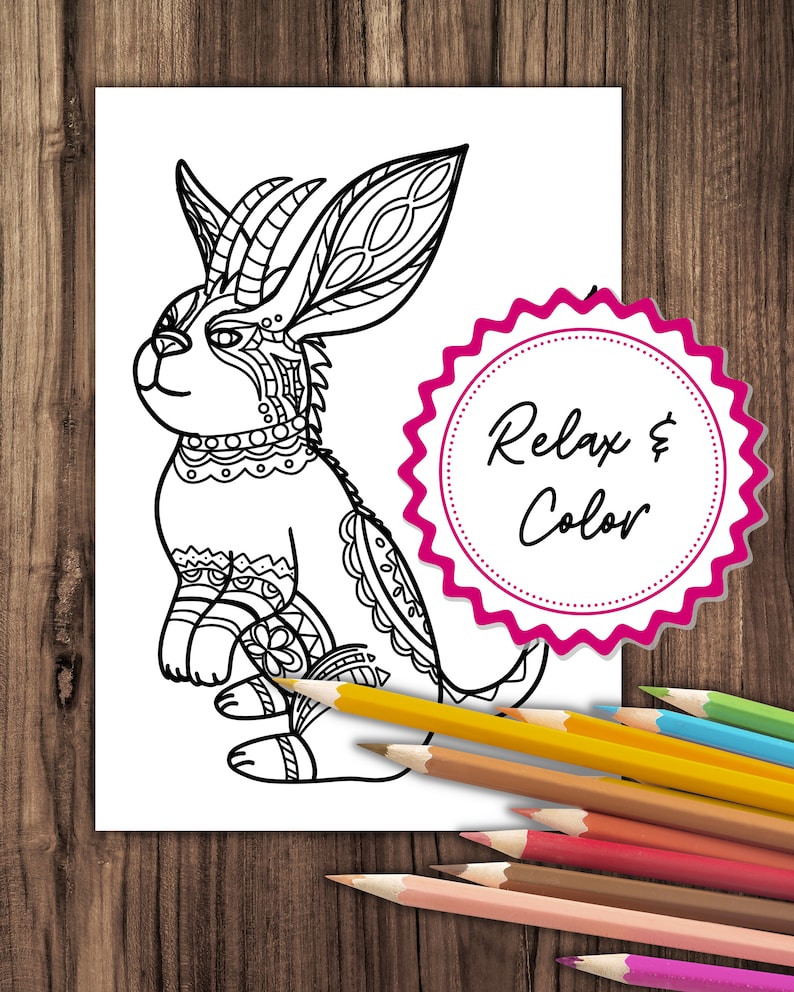 May include: A black and white line drawing of a rabbit with intricate patterns on its fur. The rabbit is sitting on its hind legs with its ears up. The image is surrounded by a pink circle with the text "Relax & Color".