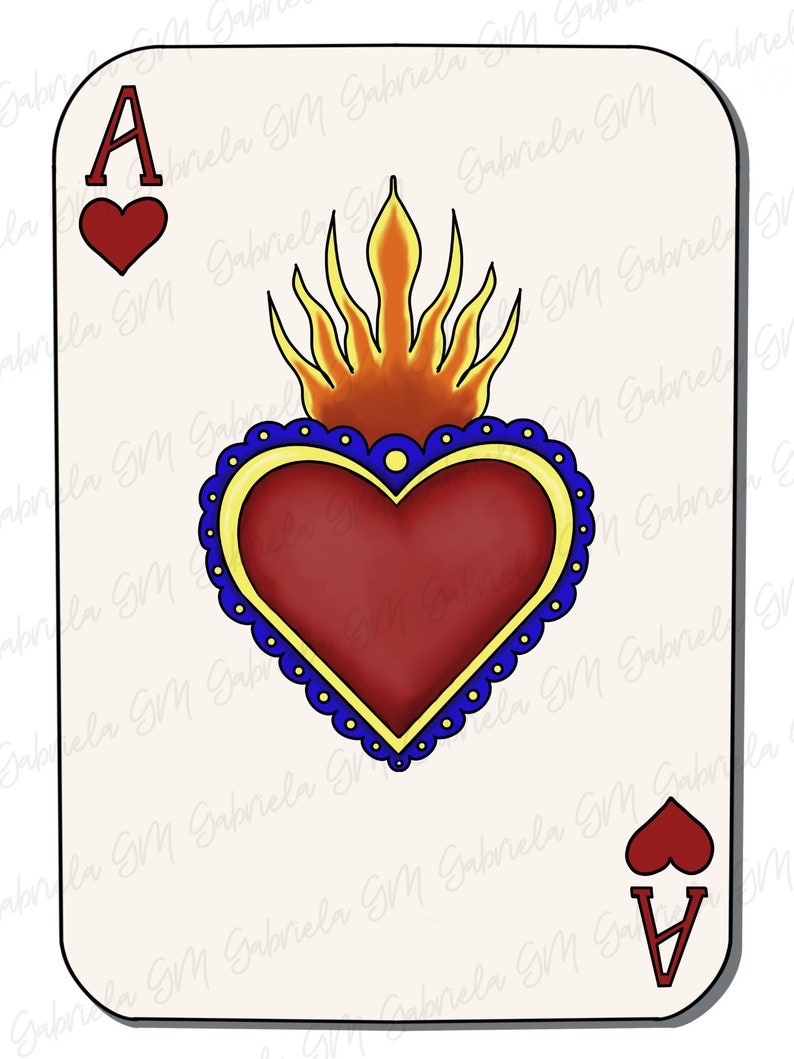 Playing Card Mexican Art, Mexican Sacred Heart, Ace of Hearts, Printable Wall Art, Mexican Artwork image 4