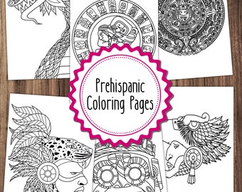 6 Prehispanic Coloring Pages, Mexican Prehispanic Coloring Pages Bundle, Adult Coloring Book, Kids Coloring Book, Mexico Coloring Pages