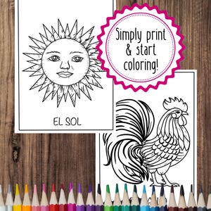 May include: Two black and white coloring pages with a sun and rooster design, along with a pink circle that says "Simply print & start coloring!". A row of colored pencils is at the bottom of the image.
