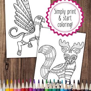 May include: Two printable coloring pages featuring intricate line art designs of mythical creatures. The first page shows a griffin with wings, a lion's body, and an eagle's head. The second page shows a cat-like creature with antlers and a detailed patterned body. The text "Simply print & start coloring!" is visible on a pink label.