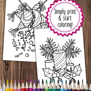 May include: Two printable coloring pages. The first page features a black and white outline of a pinata with confetti and candy falling from it. The second page features a black and white outline of three candles with holly leaves and berries. The text "Simply print & start coloring!" is on a pink starburst.