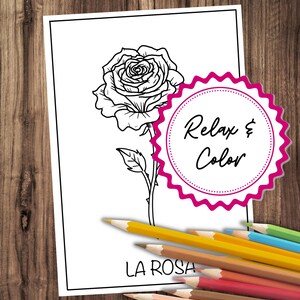 May include: A black and white line drawing of a rose on a white paper, with the text "LA ROSA" at the bottom. A pink circular sticker with the text "Relax & Color" is on the right. A collection of colored pencils are at the bottom.