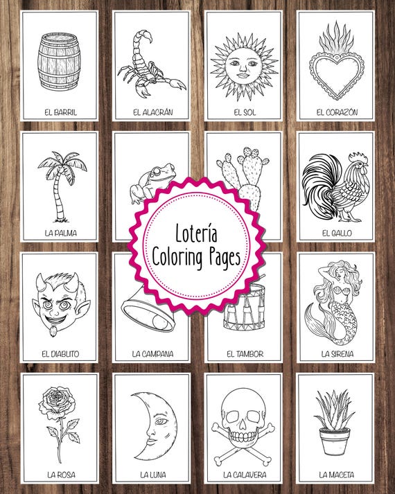 16 Lotería Coloring Pages, Mexican Lotería Coloring Pages Bundle, Adult Coloring Book, Kids Coloring Book, Mexico Coloring Pages