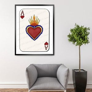 Playing Card Mexican Art, Mexican Sacred Heart, Ace of Hearts, Printable Wall Art, Mexican Artwork image 3