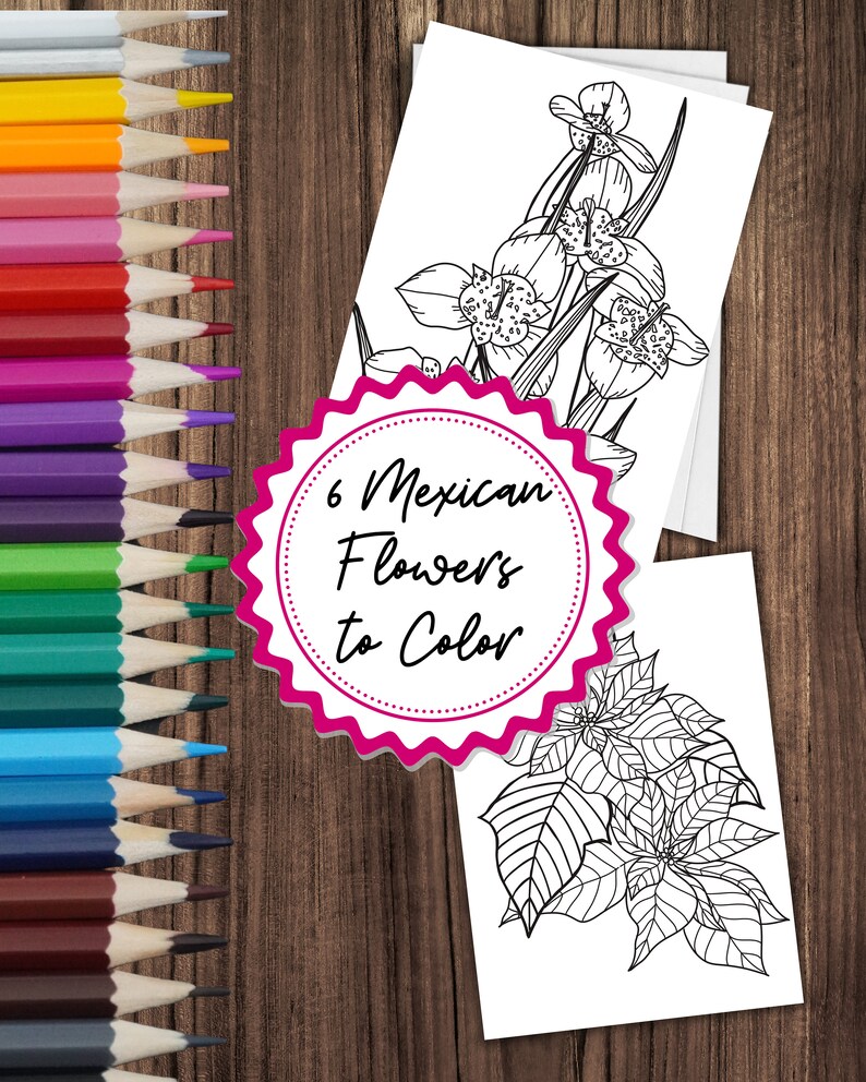 6 Mexican Flowers Coloring Pages, Mexico Nature Coloring Pages Bundle