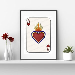 Playing Card Mexican Art, Mexican Sacred Heart, Ace of Hearts, Printable Wall Art, Mexican Artwork image 1