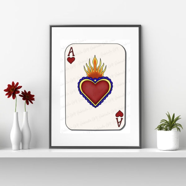 Playing Card Mexican Art, Mexican Sacred Heart, Ace of Hearts, Printable Wall Art, Mexican Artwork