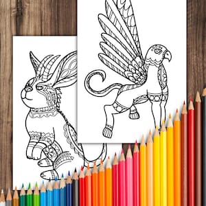 May include: Two black and white coloring pages featuring intricate line art designs. One page depicts a mythical creature with wings and a lion's body, while the other page shows a rabbit with horns. A set of colored pencils are arranged in a fan shape below the pages.