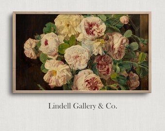 May include: A framed floral print featuring a bouquet of roses in shades of white, pink, and burgundy. The artwork has a dark background and green leaves, with the text "Lindell Gallery & Co." at the bottom.