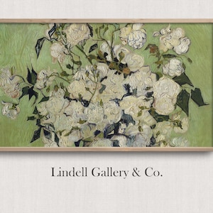 May include: A painting of a bouquet of white roses in a vase, with a green background. The roses are painted in a style reminiscent of Vincent van Gogh, with thick brushstrokes and a vibrant colour palette.