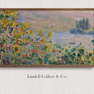 May include: A painting of a landscape with a river and a castle in the distance. The foreground is filled with colorful flowers and foliage. The painting is framed in a brown wooden frame.