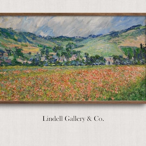 May include: A painting depicting a landscape with a field of red poppies in the foreground. The background features rolling hills and a cloudy sky.