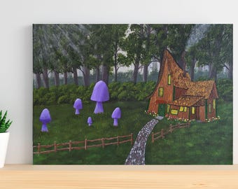 Original Acrylic Painting Elf Cottage Whimsical Forest Purple Mushrooms 14x18 Canvas No AI