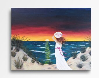 Ocean Sunrise Painting, Original Seascape Acrylic Art, 20x16 Coastal Wall Decor