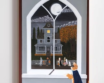 Original Halloween Acrylic Painting, Ginger Cat Window Canvas Art 30x24