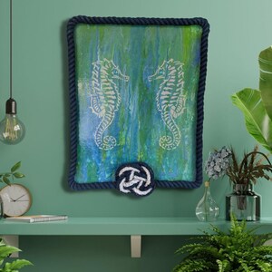 coastal wall art seahorse painting in green room setting original acrylic nautical painting with rope frame texture blue green tones for coastal home decor