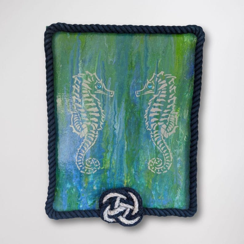 clean product photo original acrylic nautical painting two seahorses rope frame border turquoise jeweled eyes blue green coastal wall art ready to display