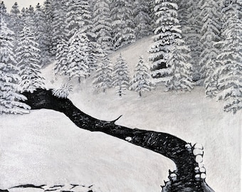Winter Scene Original Acrylic Painting, Snowy Forest Art, Black and White Scene, Mixed Media Artwork, 12 x 12 inches