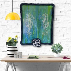 nautical wall art for office or entry original seahorse painting with rope frame and poured background blue green coastal decor idea one of a kind art