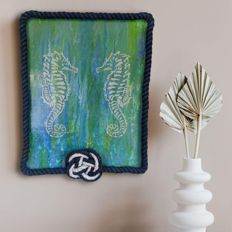 minimalist coastal decor styling original acrylic seahorse wall art blue green ocean palette rope frame finish nautical painting for calm modern rooms