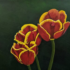 Bouquet of Red and Yellow Tulips Wall Art, Original Acrylic Painting, Floral Wall Art, 20 x 16 Stretched Canvas