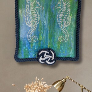 coastal bathroom art or beach house wall decor original nautical painting with seahorses blue green mixed media look rope frame detail adds texture and depth
