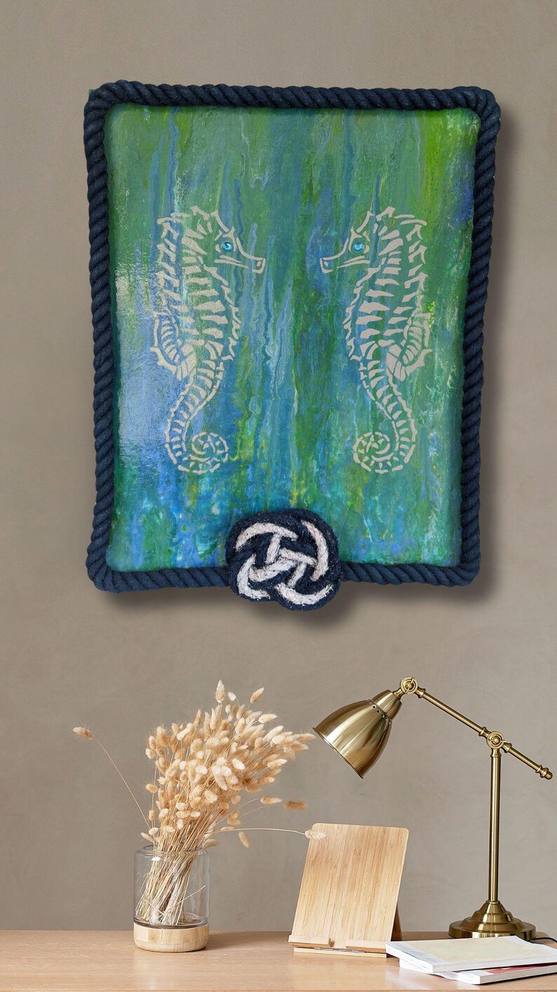 coastal bathroom art or beach house wall decor original nautical painting with seahorses blue green mixed media look rope frame detail adds texture and depth