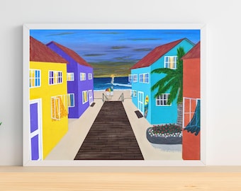 Original Acrylic Beach Painting Colorful Cottages Seascape 20x16 Folk Art