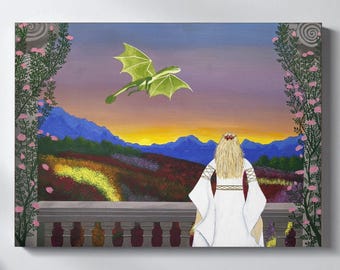 Original Acrylic Fantasy Painting Princess Dragon Castle Sunset 24x18 Ready to Hang