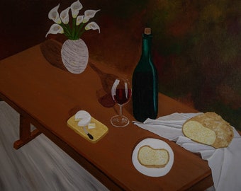 The Feast of Wine and Cheese Original Painting, Original Artwork, Kitchen Wall Art, 16x12 painting