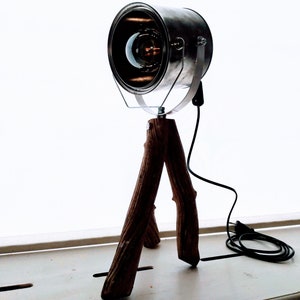 Handmade desk lamp from wood and a paint can.