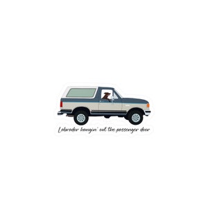 Può includere: Un Ford Bronco blu e bianco con un Labrador Retriever marrone che sporge dalla portiera del passeggero. Il testo "Labrador hangin' out the passenger door" è sotto il veicolo.