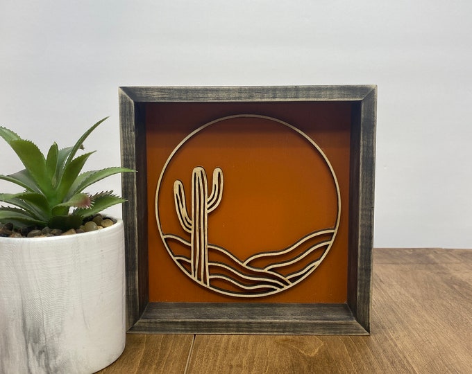 Desert Cactus Terracotta Distressed Black Decor,Desert Home Decor, Desert Shelf Decor, Cactus Decor, Desert Sand, Cactus, Distressed Frame