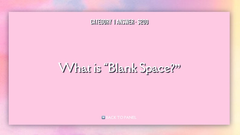 May include: A pink screen with the text "CATEGORY 1 ANSWER - $200" at the top and the text "What is "Blank Space?" at the center. The text "BACK TO PANEL" is at the bottom of the screen.